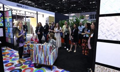 colorful tile display in front of an audience at Coverings