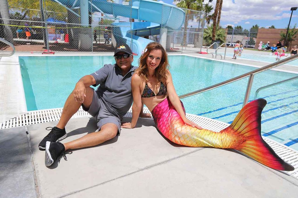 A popular request with Ovia Entertainment is mermaid appearances for events and parties. Mermaid Ludi (right) attends a Float Like A Duck event to promote water safety with program founder Joseph Vassallo.
Photo Credit: Mary Vail, MBA Publicist