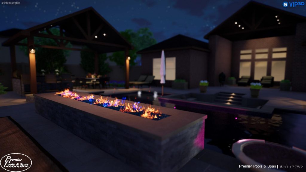 Kyle Franco -showcasing some of the new functionality found in Vip3D 3.0 - Seen here: More realistic flame effects, depth of field and fireflies which Franco incorporated into his sales presentation.