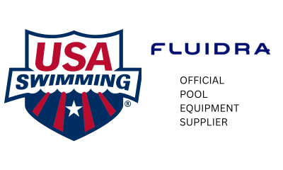 USA SWIMMING LOGO AND FLUIDRA LOGO TEXT STATING FLUIDRA IS THE OFFICIAL POOL EQUIPMENT SUPPLIER